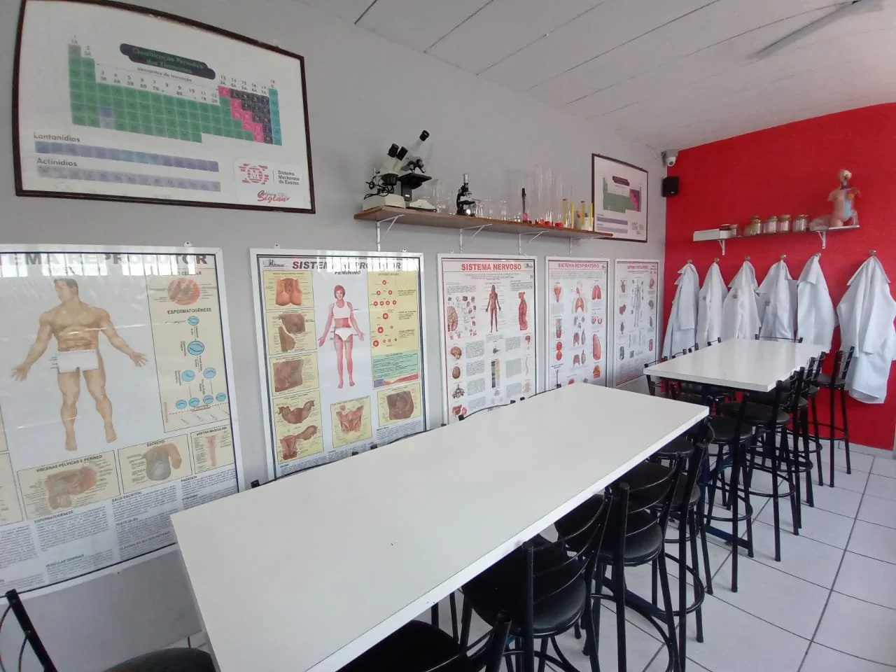 Laboratório de Ciências do Colégio Siglan em Perus com microscópios e painéis pedagógicos